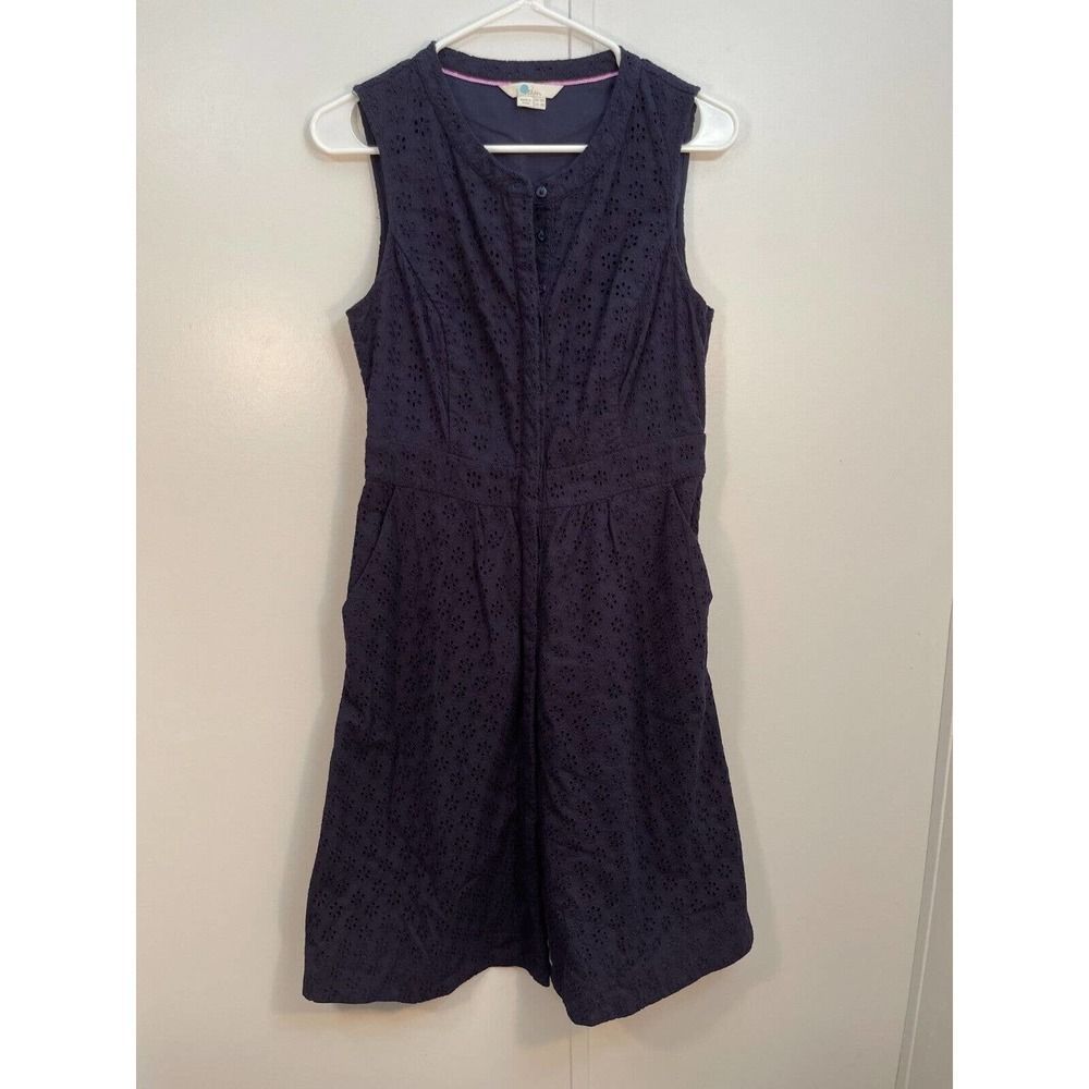 Boden Leila 8R Cotton Eyelet Button A Line Dress Navy Blue Sleeveless Pockets